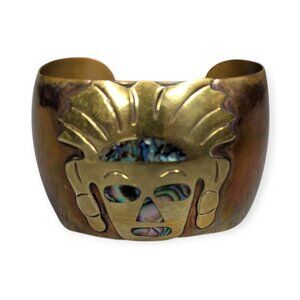 Vintage Mexican Artisan Face Cuff Bracelet Copper Brass Shell Inlay 2.5"